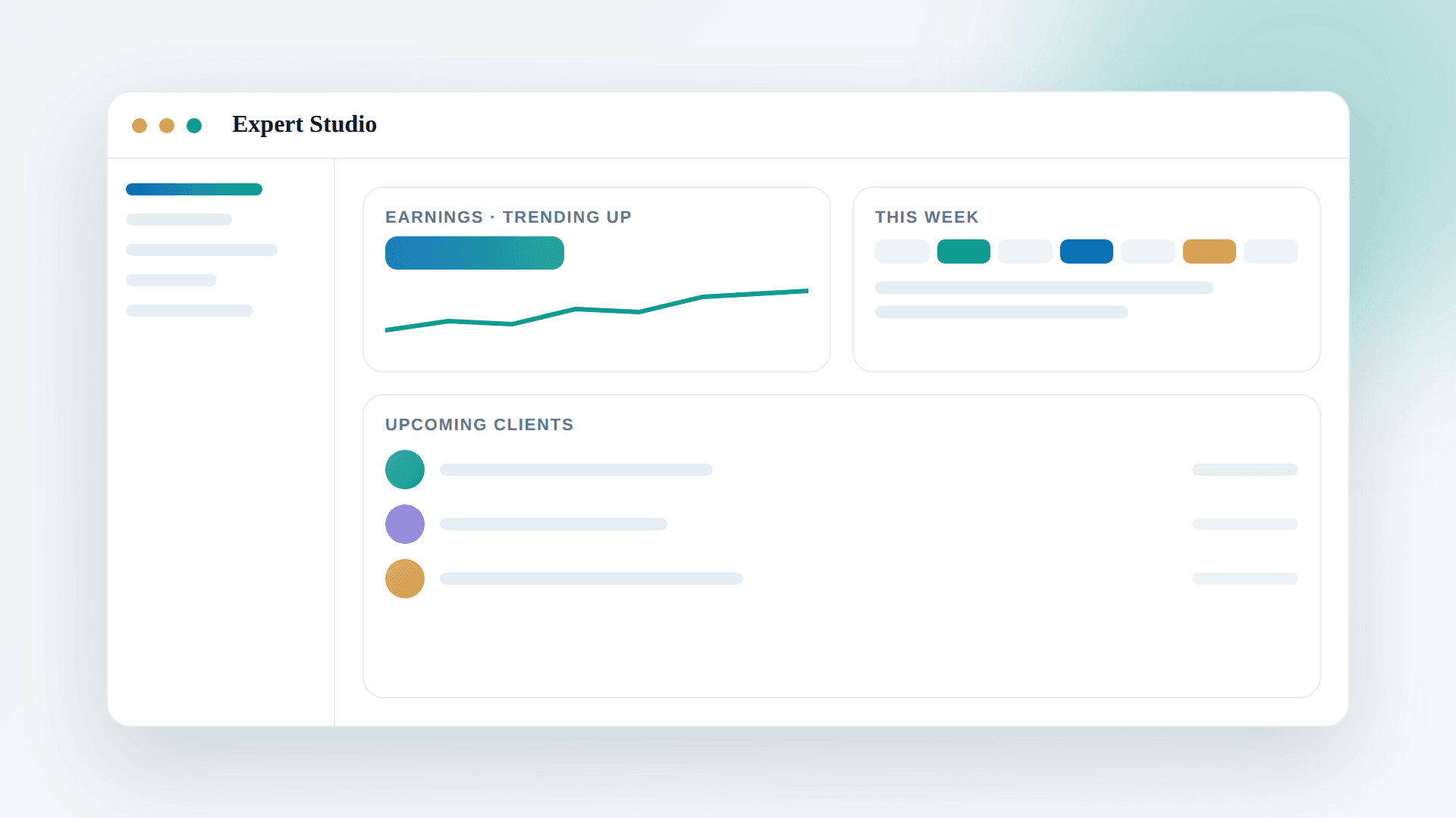 Expert Studio dashboard — clients, calendar, earnings